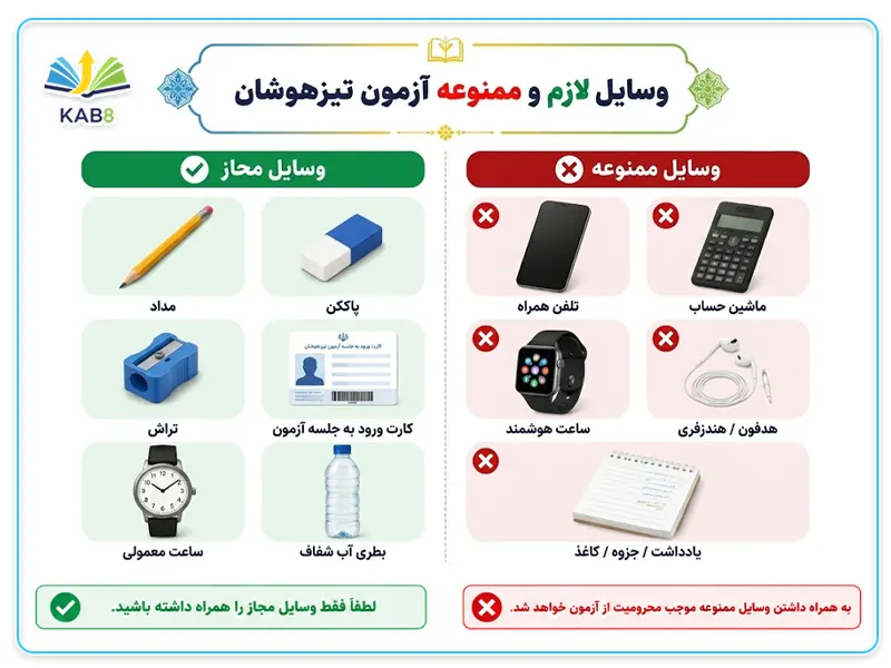 وسایل ممنوع در جلسه آزمون تیزهوشان